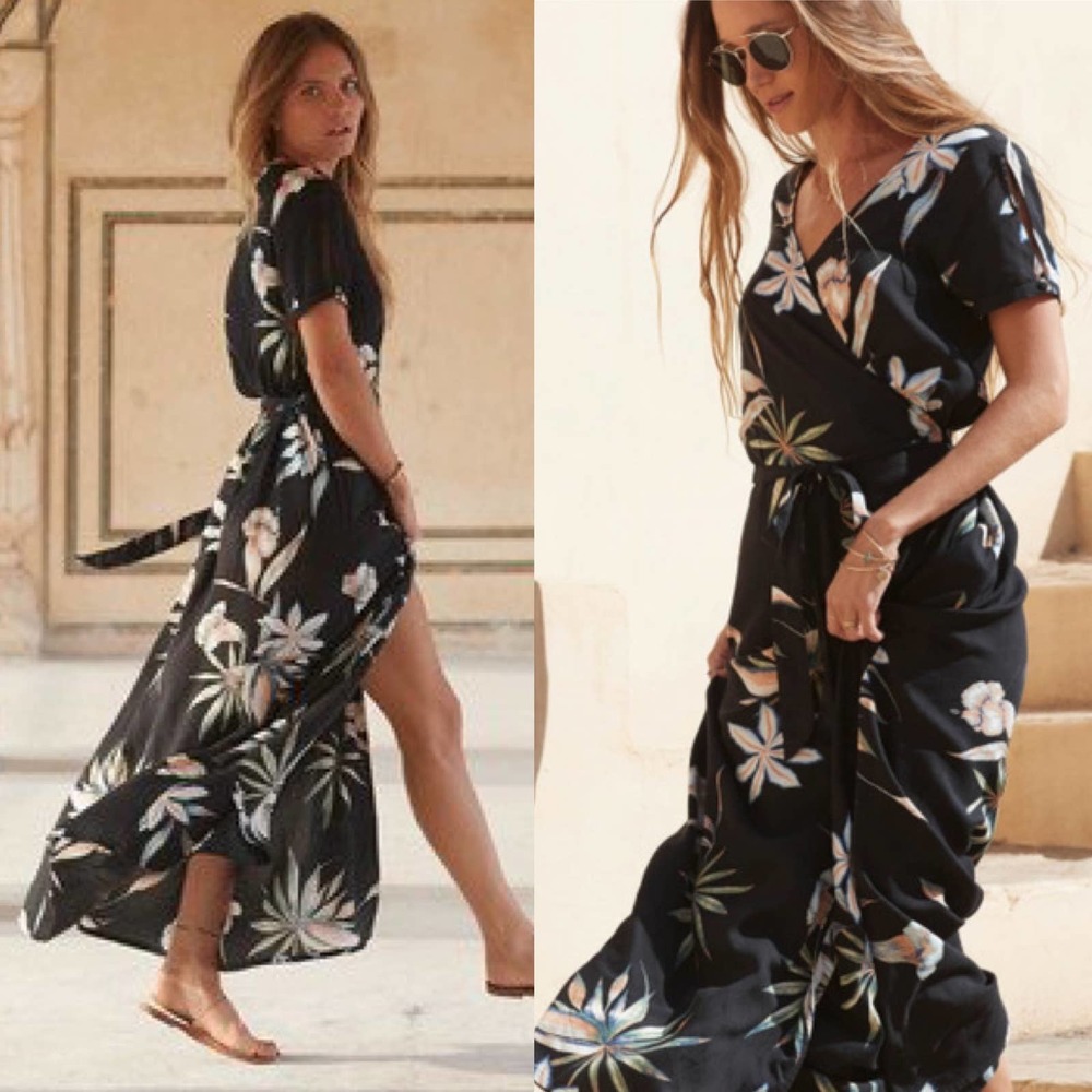 Roxy Black Floral Wrap Maxi Dress with Cream and Green Blooms